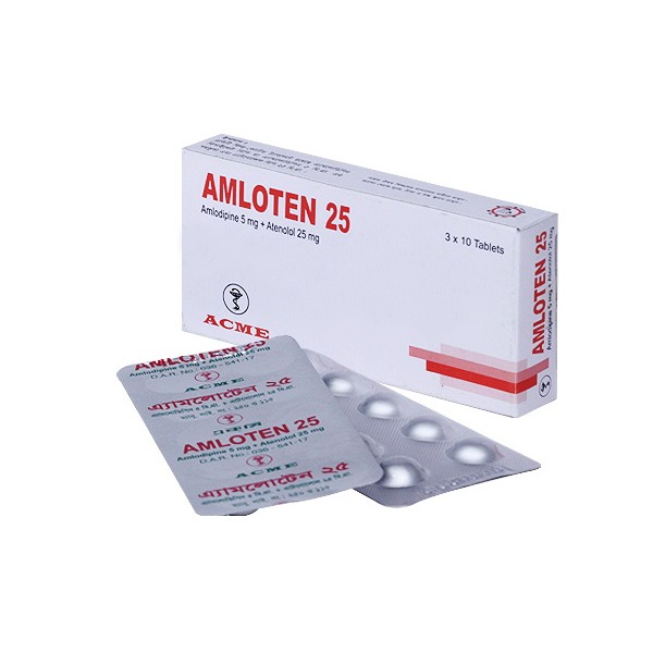 Amloten 5/ 25 mg Tablet, Amlodipine + Atenolol, Amlodipine