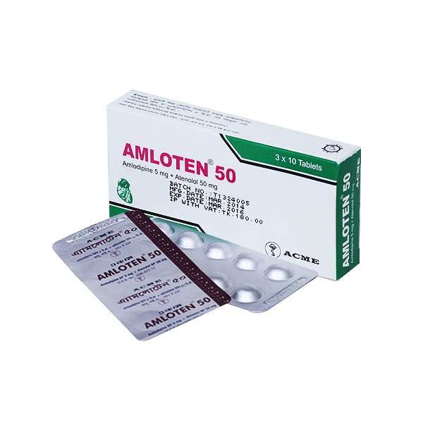 Amloten 5/50 mg Tablet, Amlodipine + Atenolol, Amlodipine