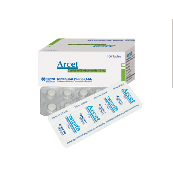 Arcet 10 mg Tablet, 1 strip, Cetirizine Dihydrochloride, Cetirizine Dihydrochloride